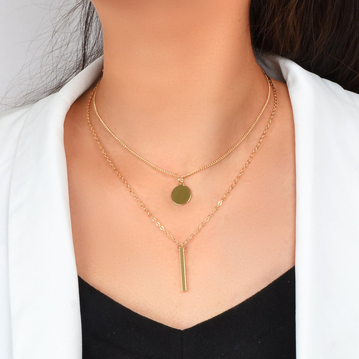 2 pcs Trendy Daily Gold Chain Disc Stick Charm Necklace Minimalist Jewelry Gifts-0