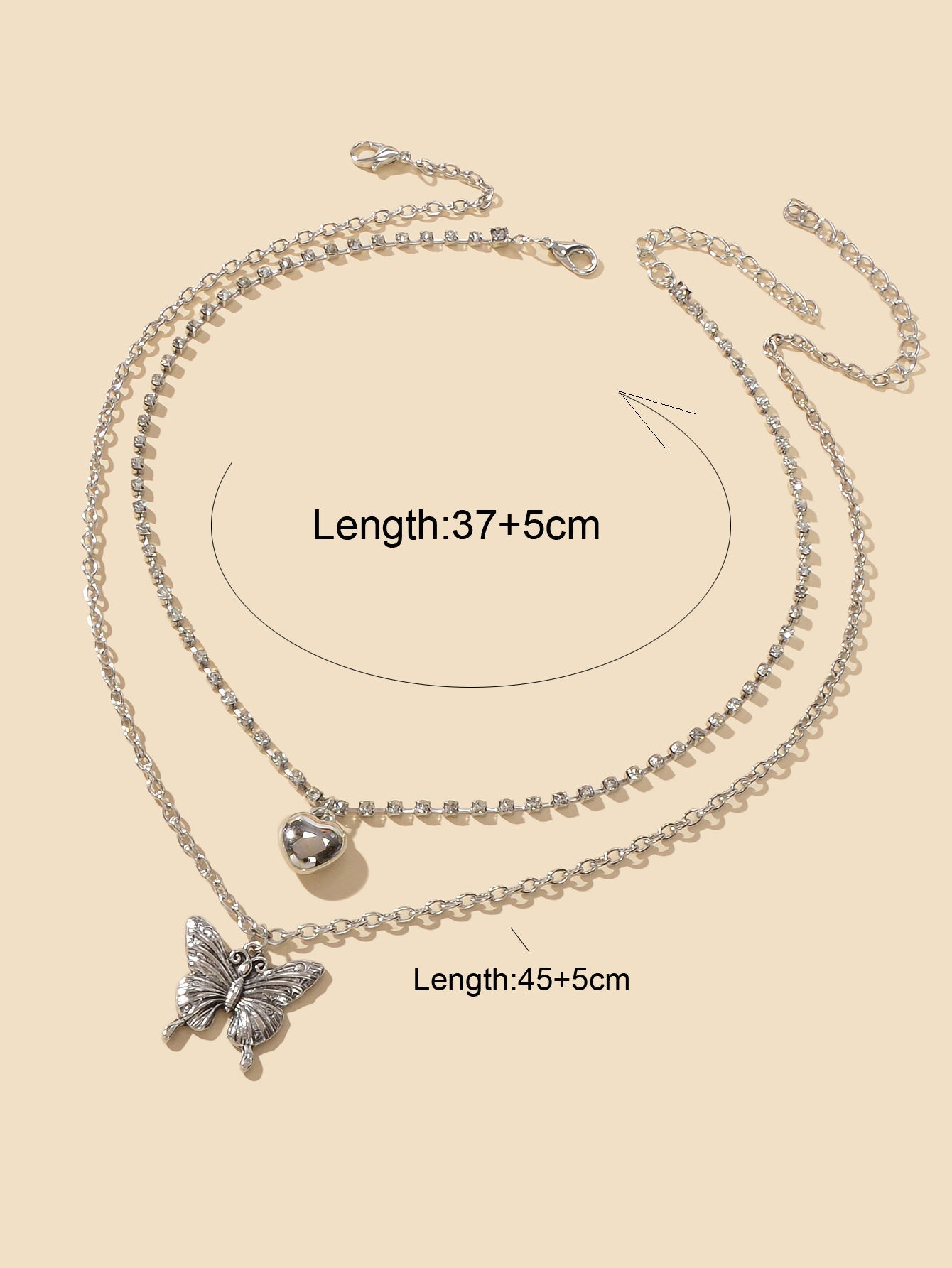2 pcs Multiple Layered Rhinestone Chain Silver Heart Carved Butterfly Necklace-3