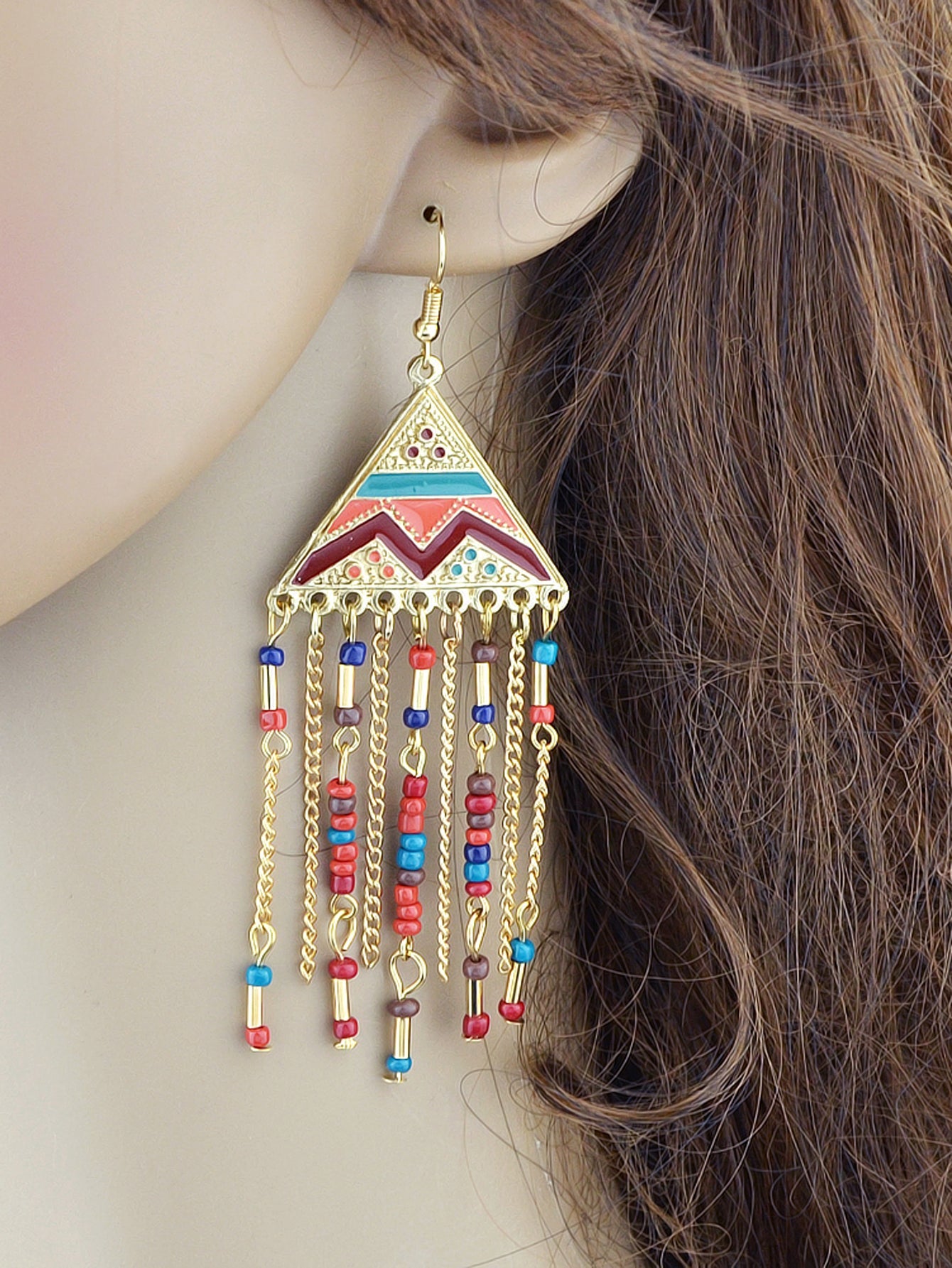 Triangle Colourful Enamel Beads Long Chain Tassel Ethnic Jewellery Boho Earrings-3