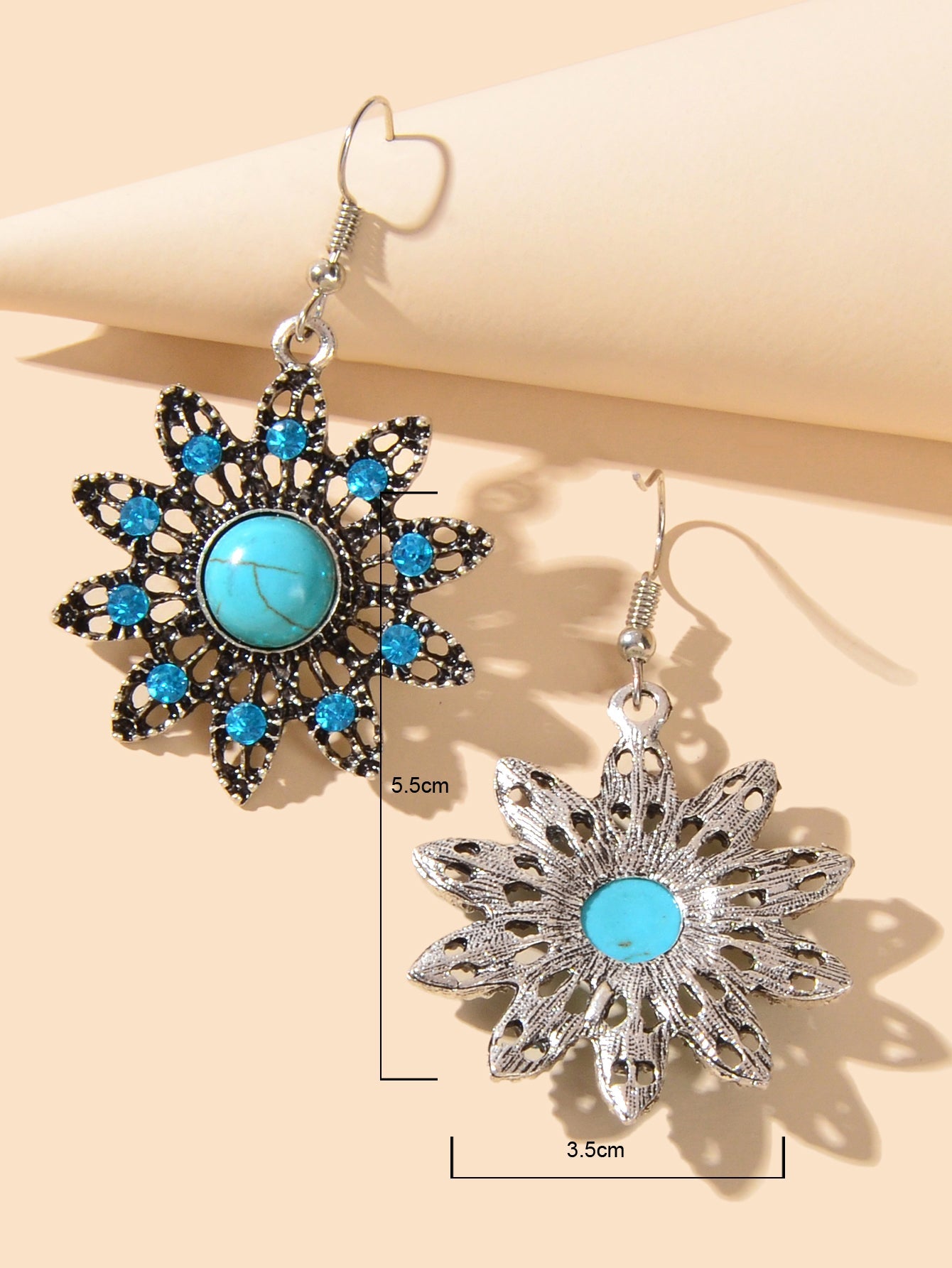 Vintage Jewelry Antique Silver Hollow out Blue Turquoise Flower Dangle Earrings-3