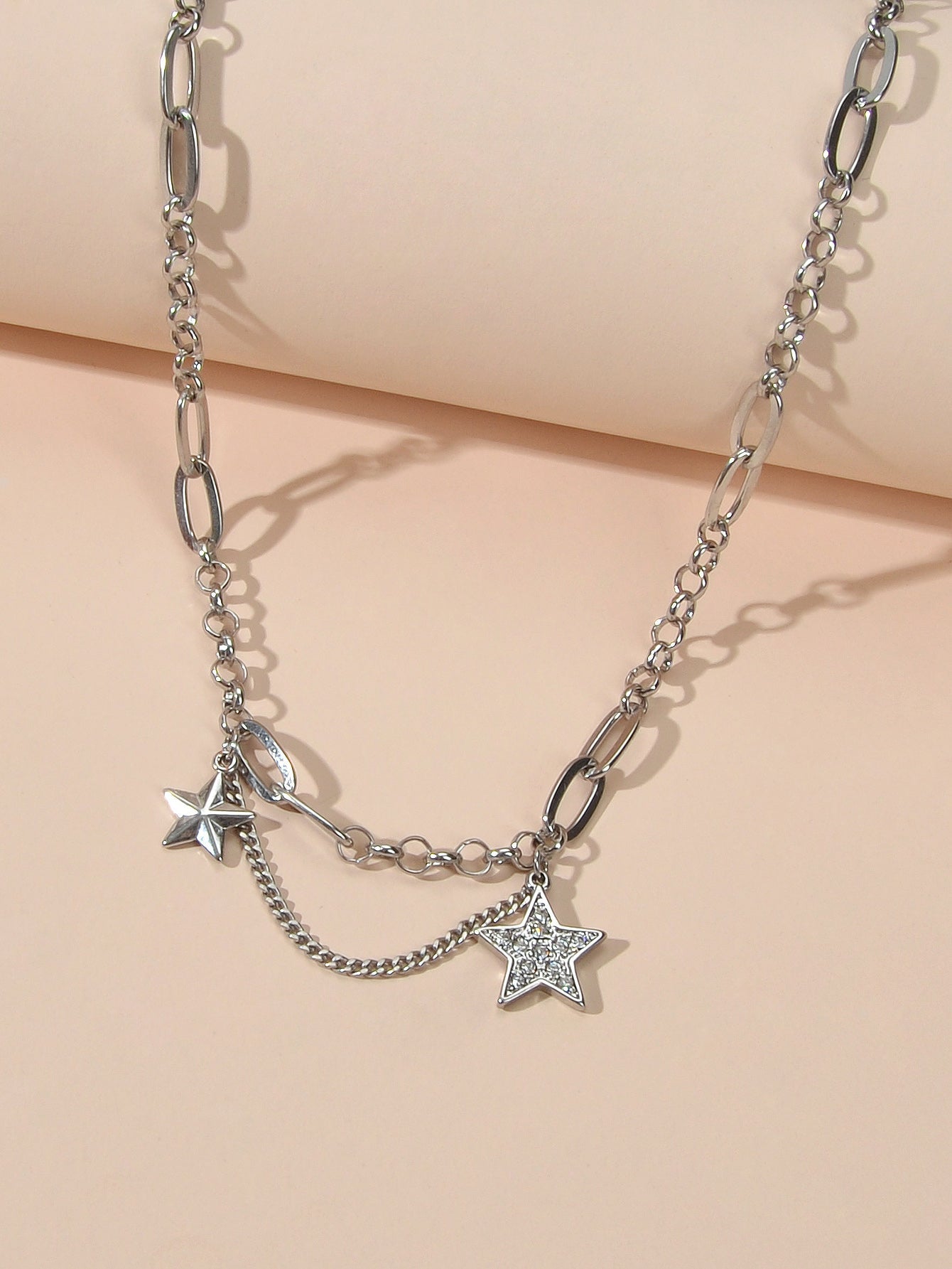 Retro Silver Trendy Paperclip Chain Rhinestone Star Charm Short Collar Necklace-3
