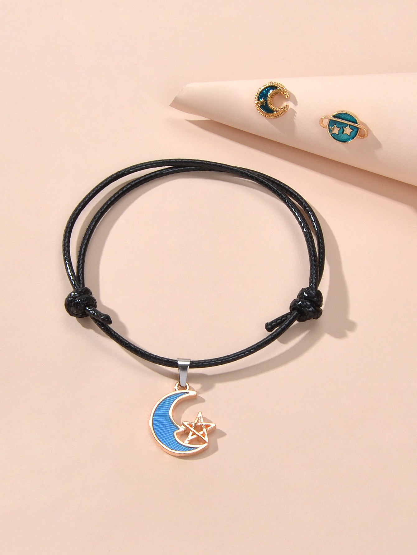 Jewellery set Black Pu Leather Star Moon Charm Adjustable Bracelet Stud Earrings-3