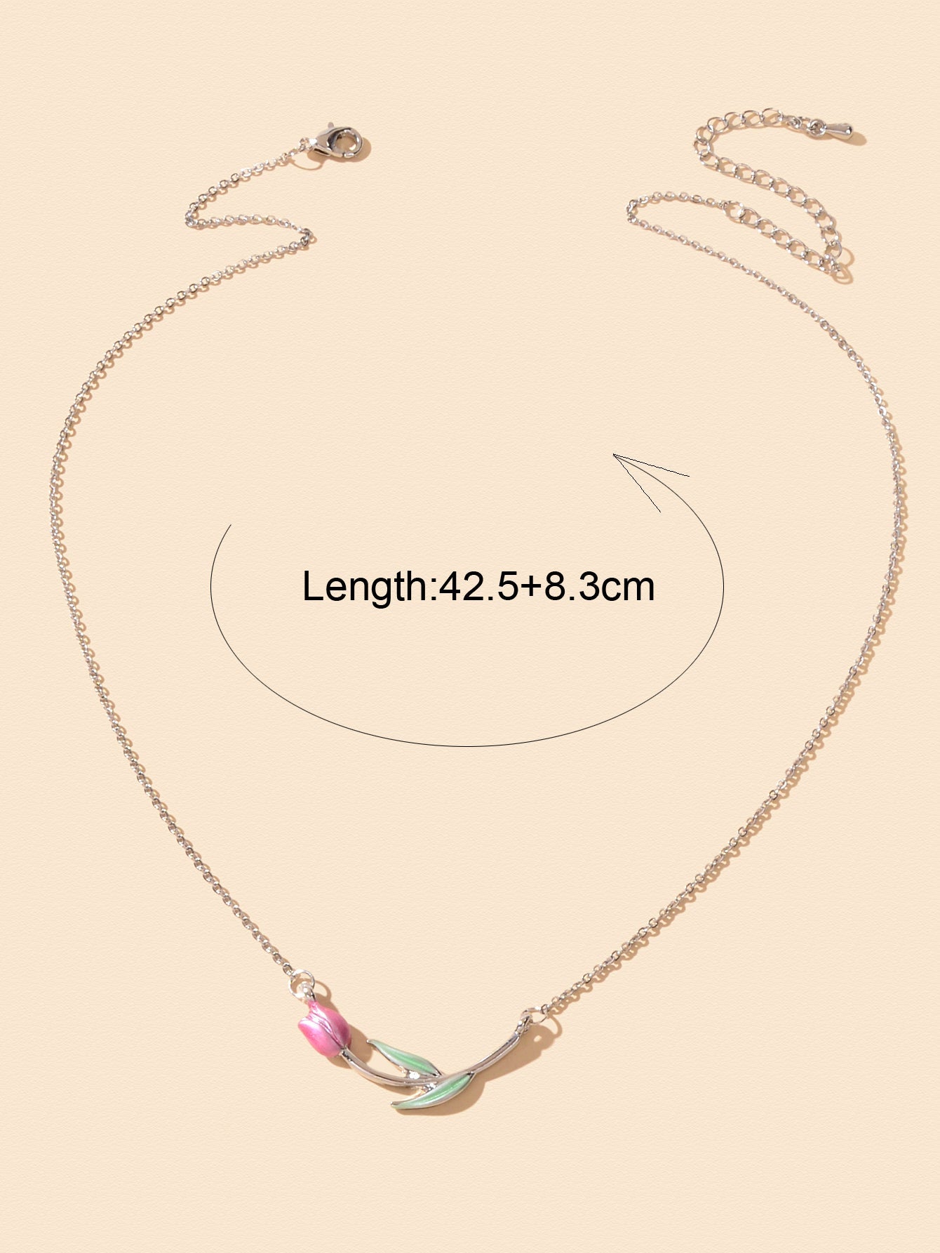 Elegant Silver Chain Green Leaf Pink Tulip Flower Pendant Anniversary Necklace-3