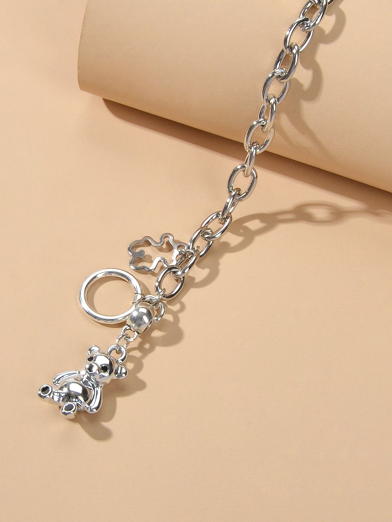 Designer Silver Bear Charm Dainty Cuban Chunky Link Paperclip Chain Bracelets-3