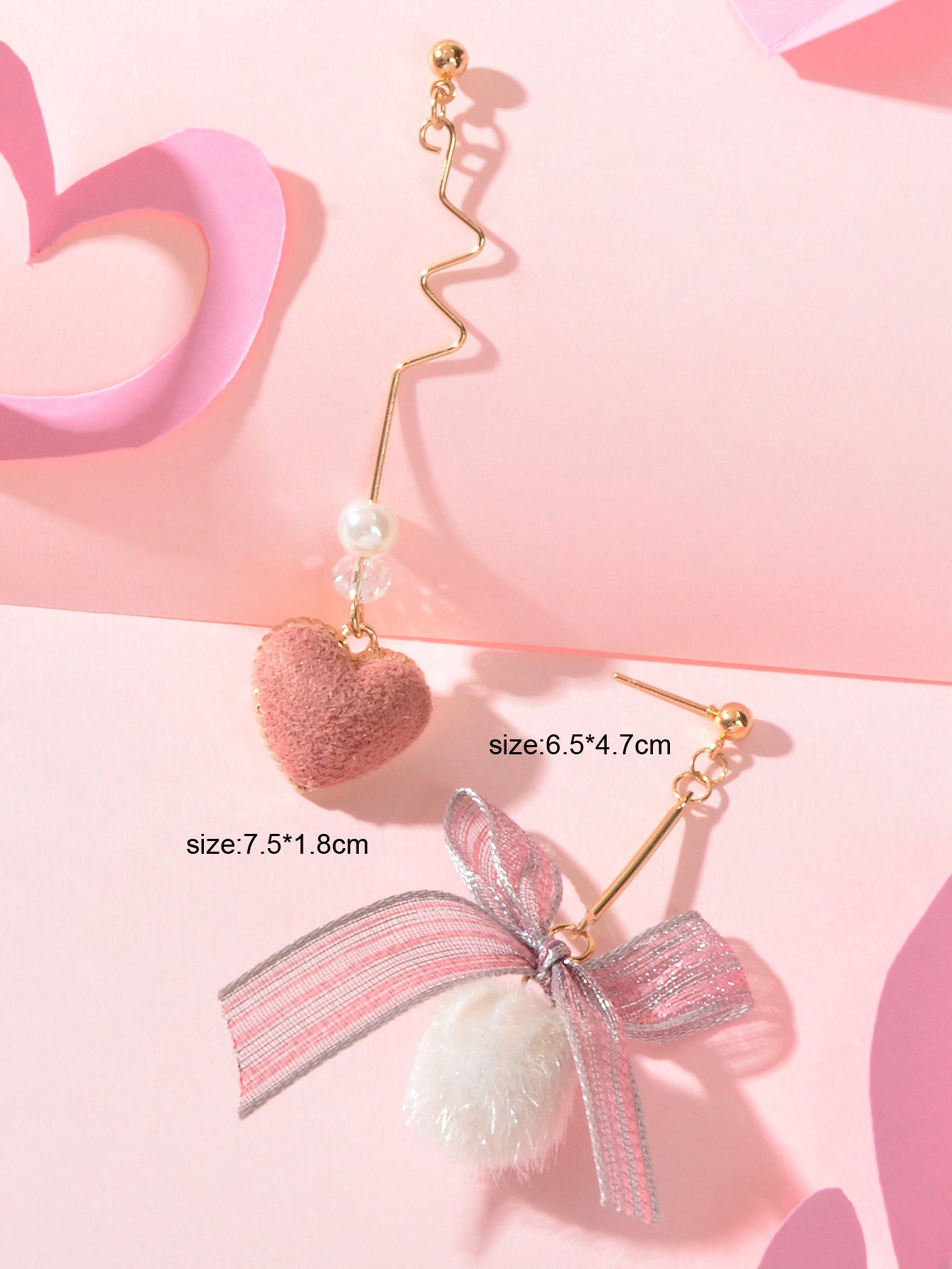 Valentine's Day Gift Bow Tie Pink Heart White Pom Pom Ball Asymmetrical Earrings-3