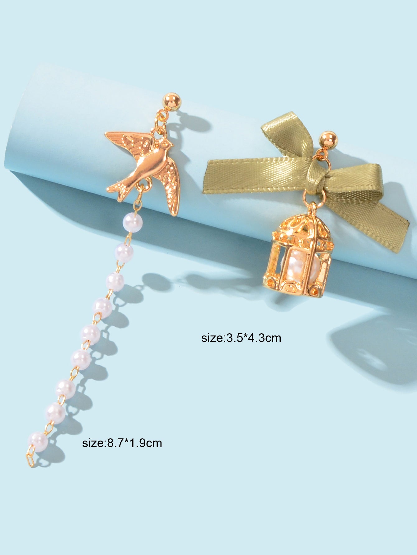 Elegant Asymmetrical Green Bow tie Gold Bird Birdcage Pearl Long Chain Earrings-3