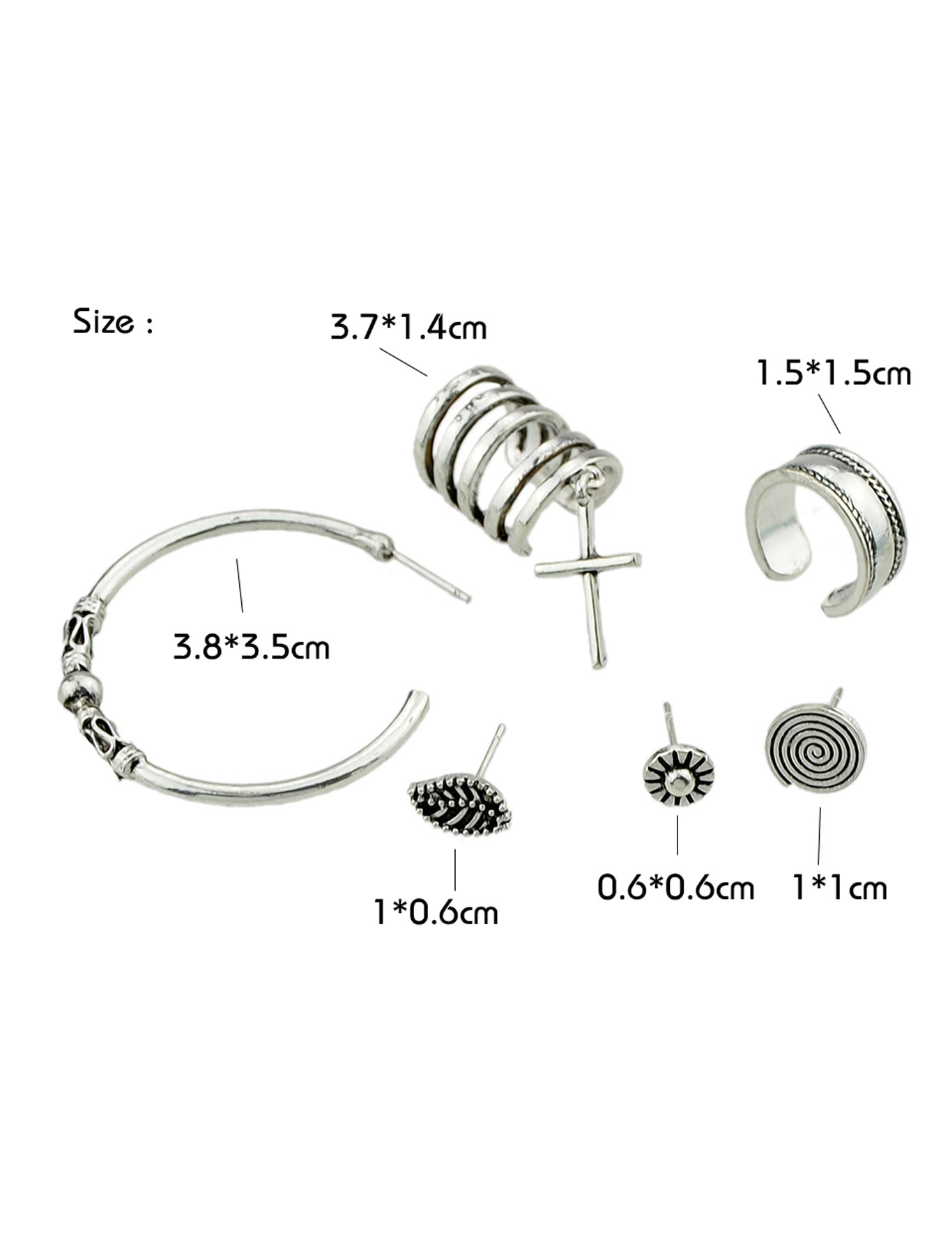 6 pcs Tribal Ethnic Antique Circle Cross Oxidized Intricate Hoop Stud Ear Cuff-3