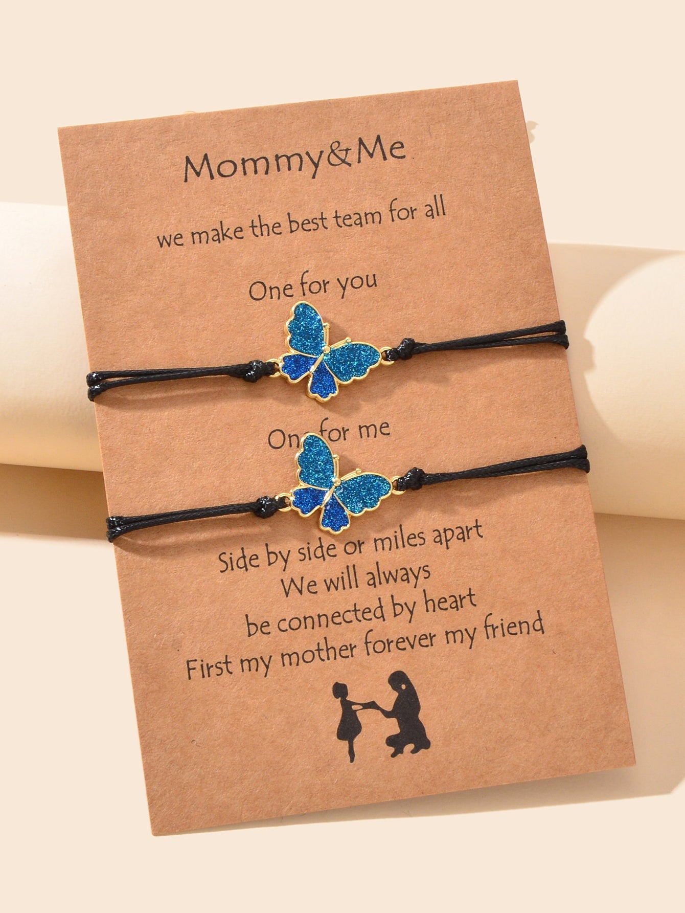 2 pcs Adjustable Black Rope Blue Butterfly Pendant Bracelet Mother's Day Gift-3
