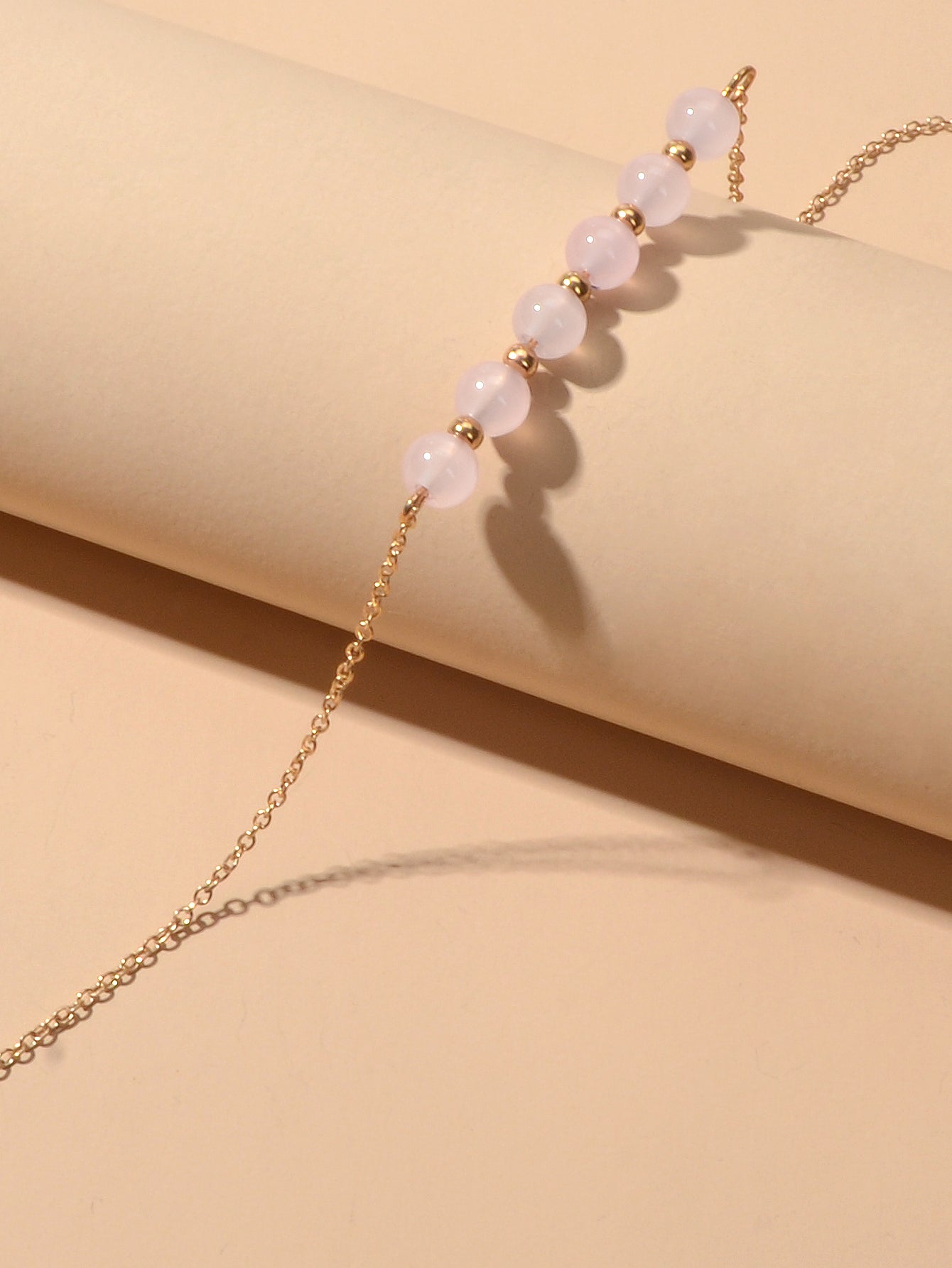 5pcs Gold Color Chain Pink Beads Triangle Decor Bracelet set Boho Chic Jewellery-3