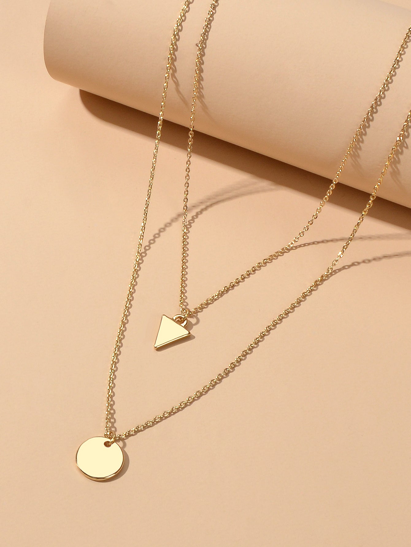2pcs Minimalist Style Women Accessories Gold Chain Triangle Round Charm Necklace-3