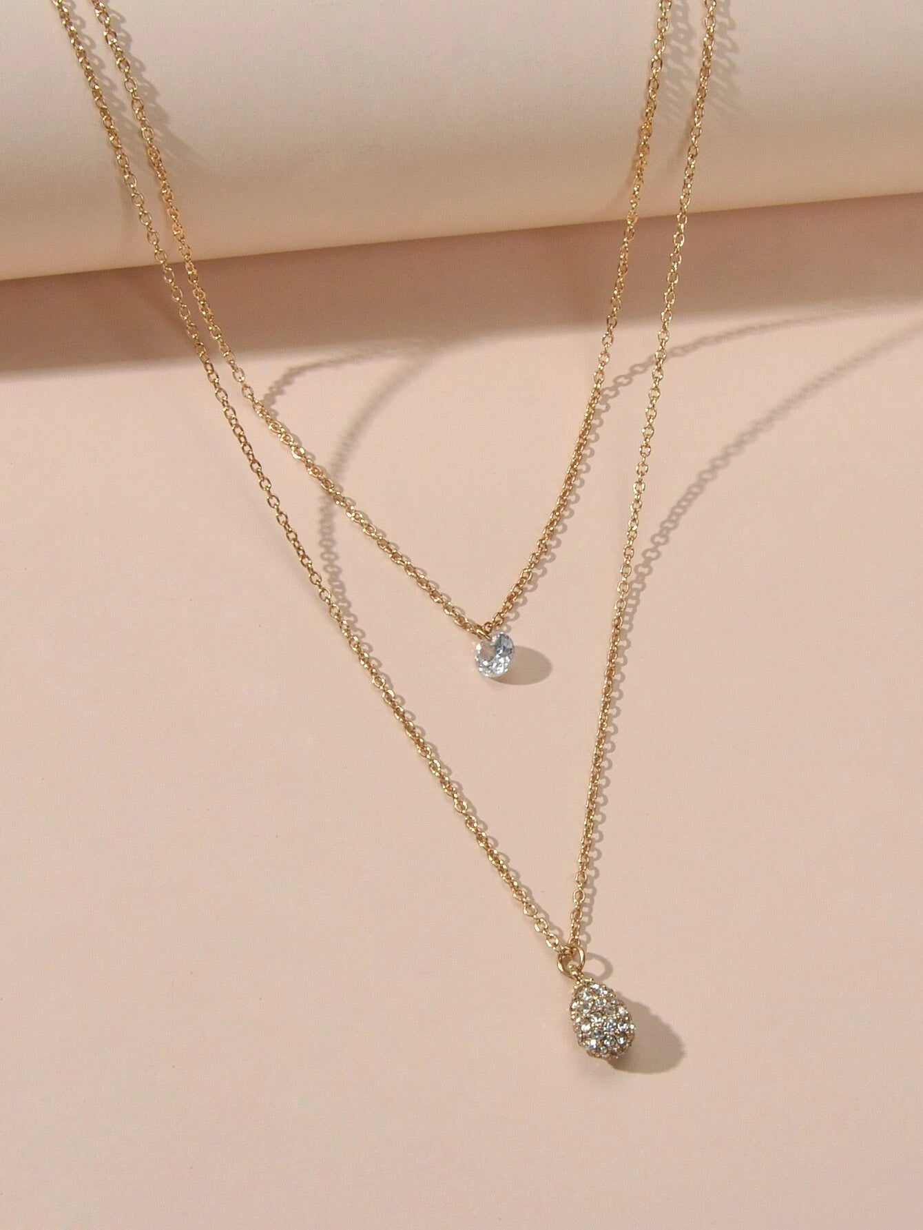 2 pcs Fashion Women Jewellery Rhinestone Decor Gold Chain Water Drop Necklace-3