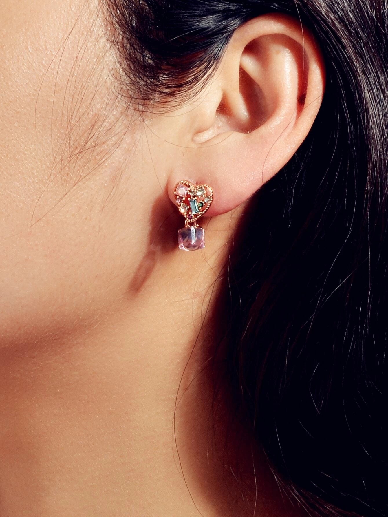 Sweet Textured Shining Crystal Decor Pink Heart Drop Earrings Women Girls Gifts-3