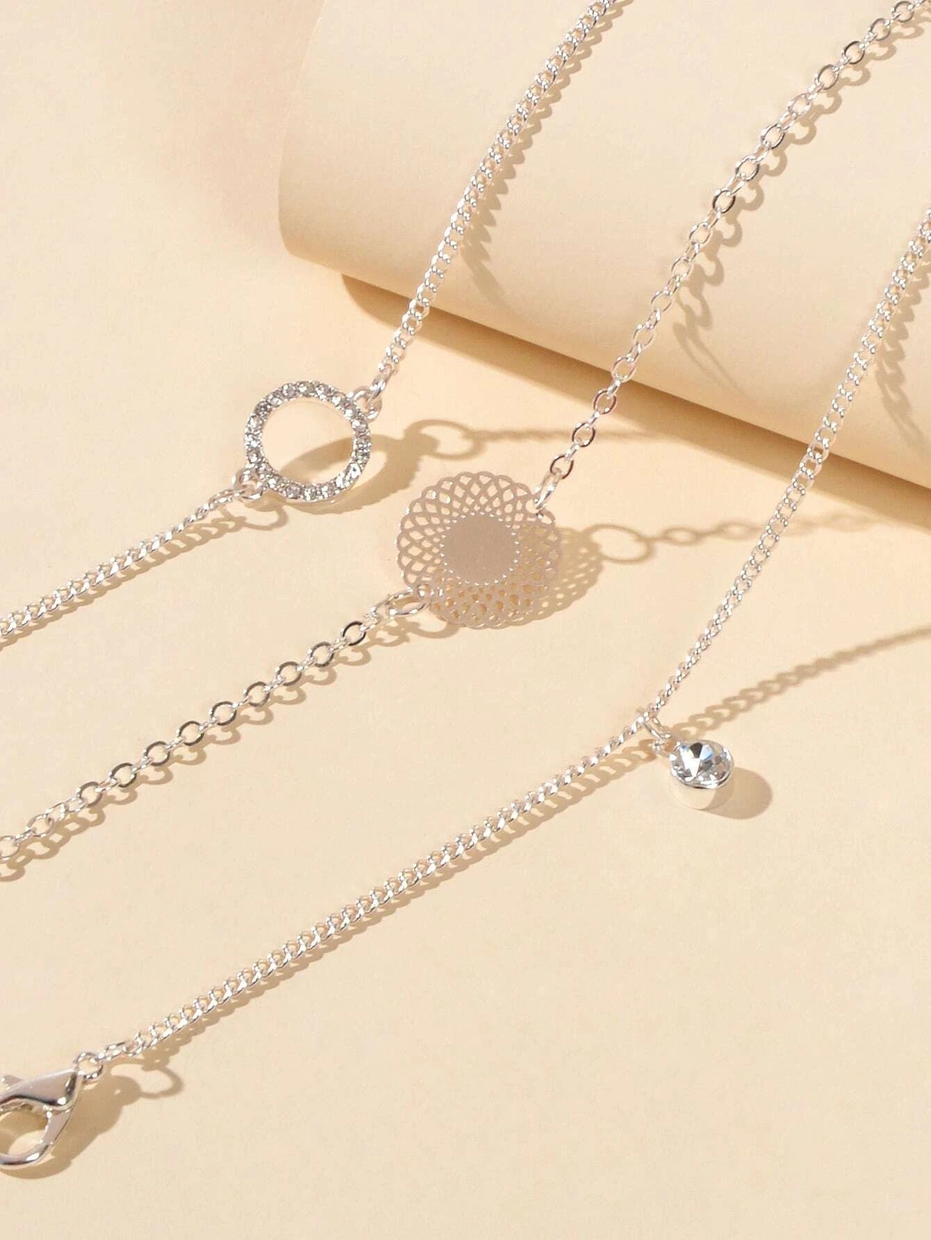 3 pcs/set Fashion Jewellery Silver Chain Rhinestone Circle Charm Bracelet Gift-3