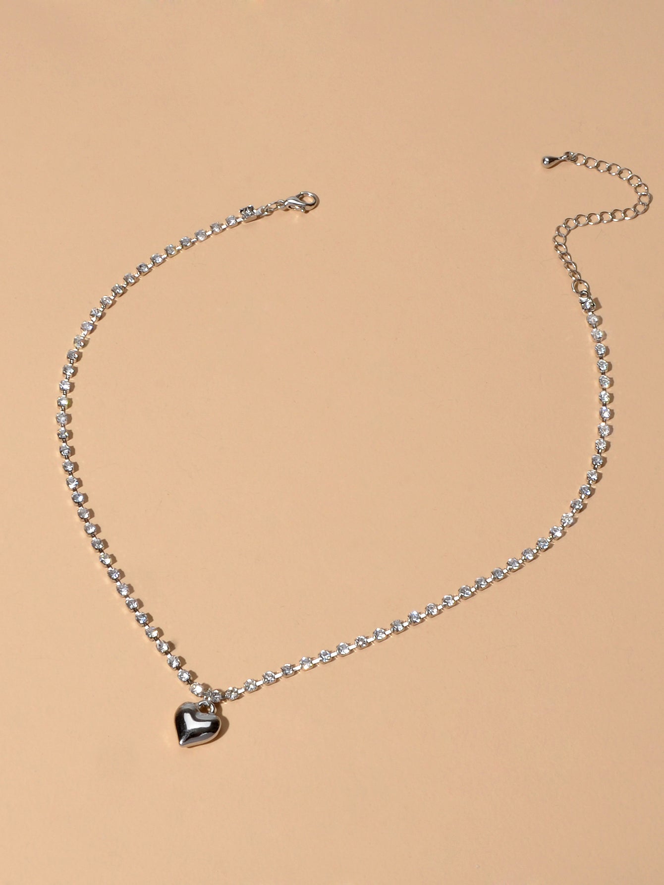 Luxurious Jewellery Full Rhinestone Decor Shining Silver Chain Heart Necklace-4
