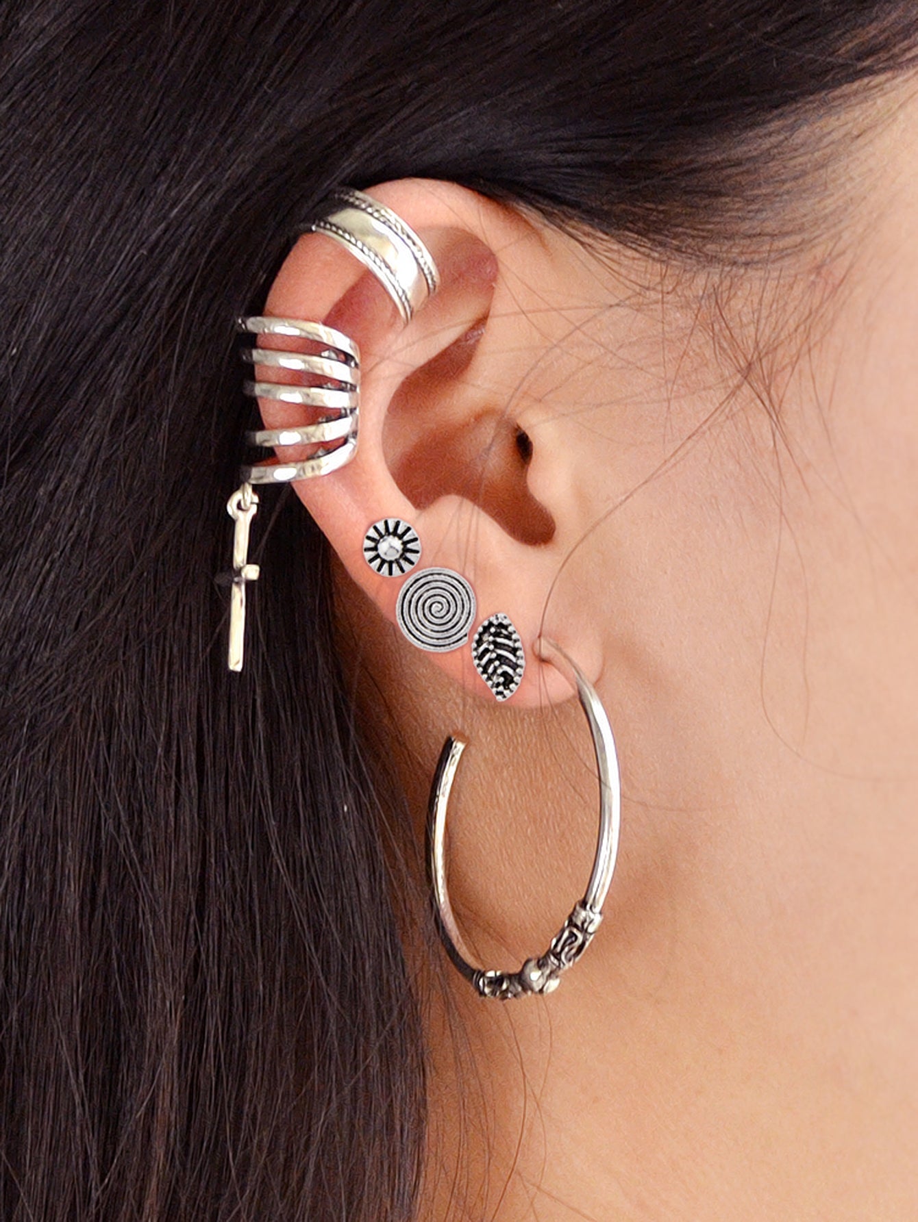 6 pcs Tribal Ethnic Antique Circle Cross Oxidized Intricate Hoop Stud Ear Cuff-4