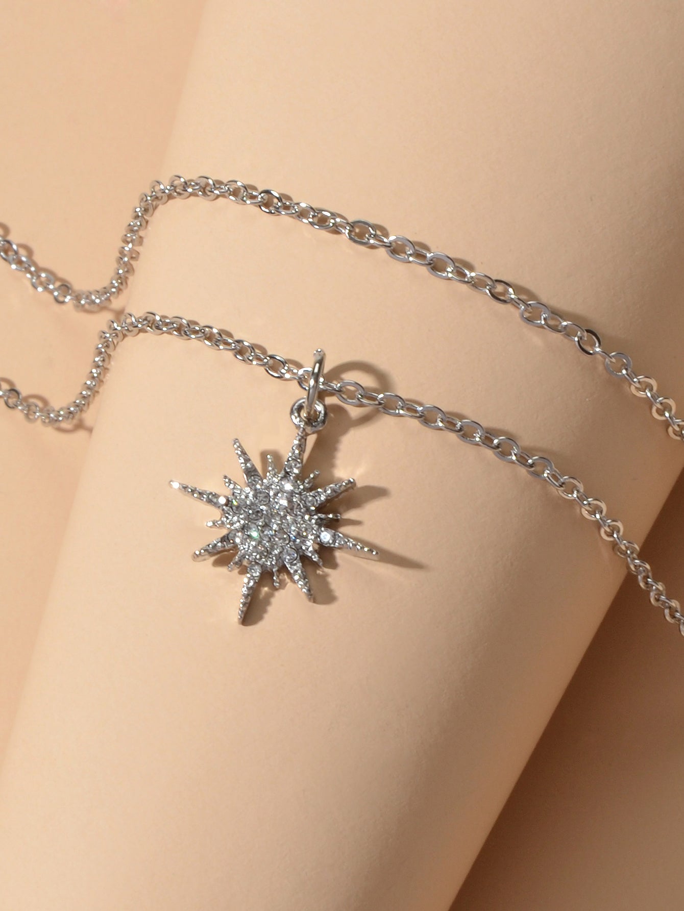 Trendy Jewellery Double layer Silver Chain Rhinestone Decor Star Charm Necklace-4