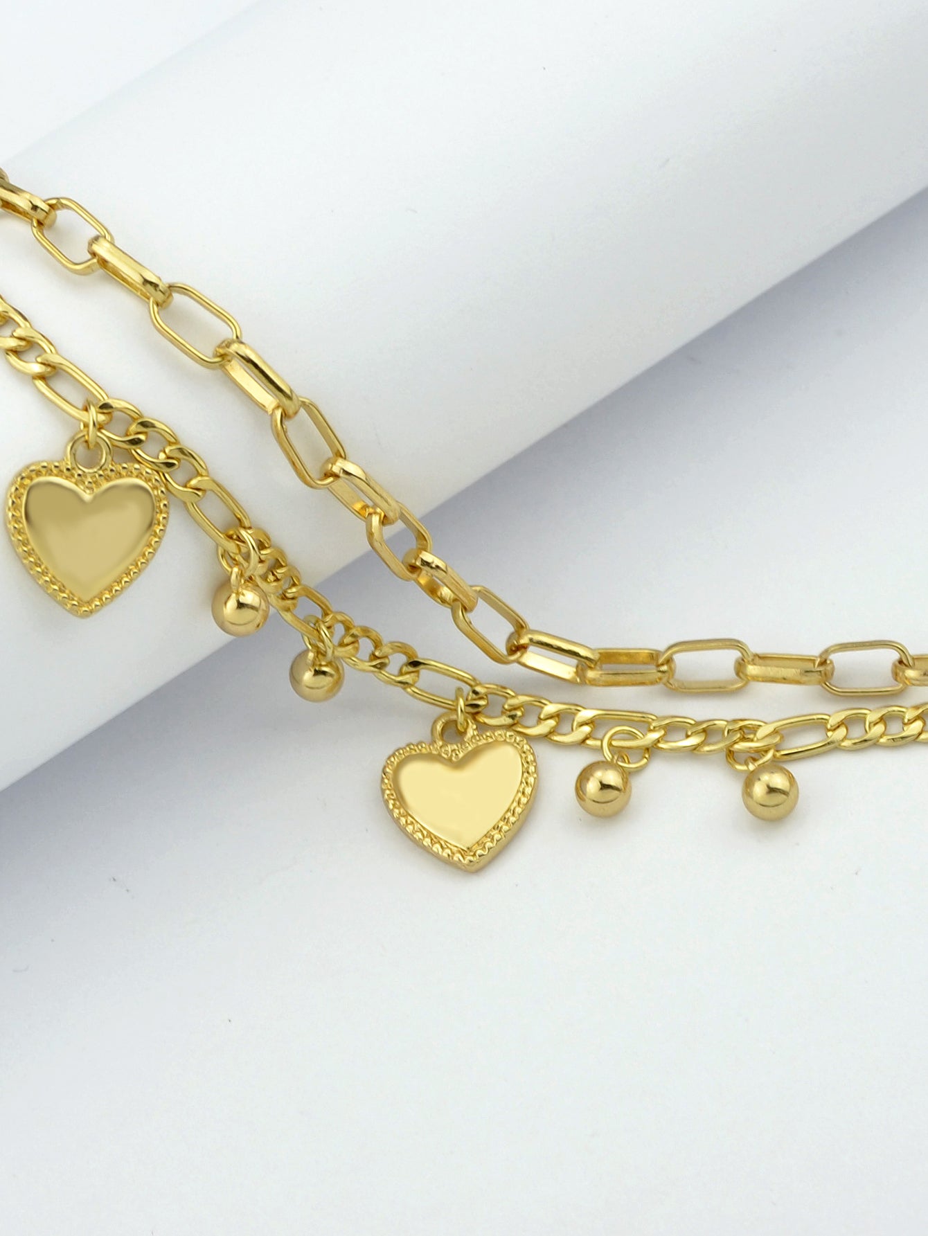 Ladies Jewellery Double layer Gold Silver Paperclip Chain Beads Heart Bracelet-4