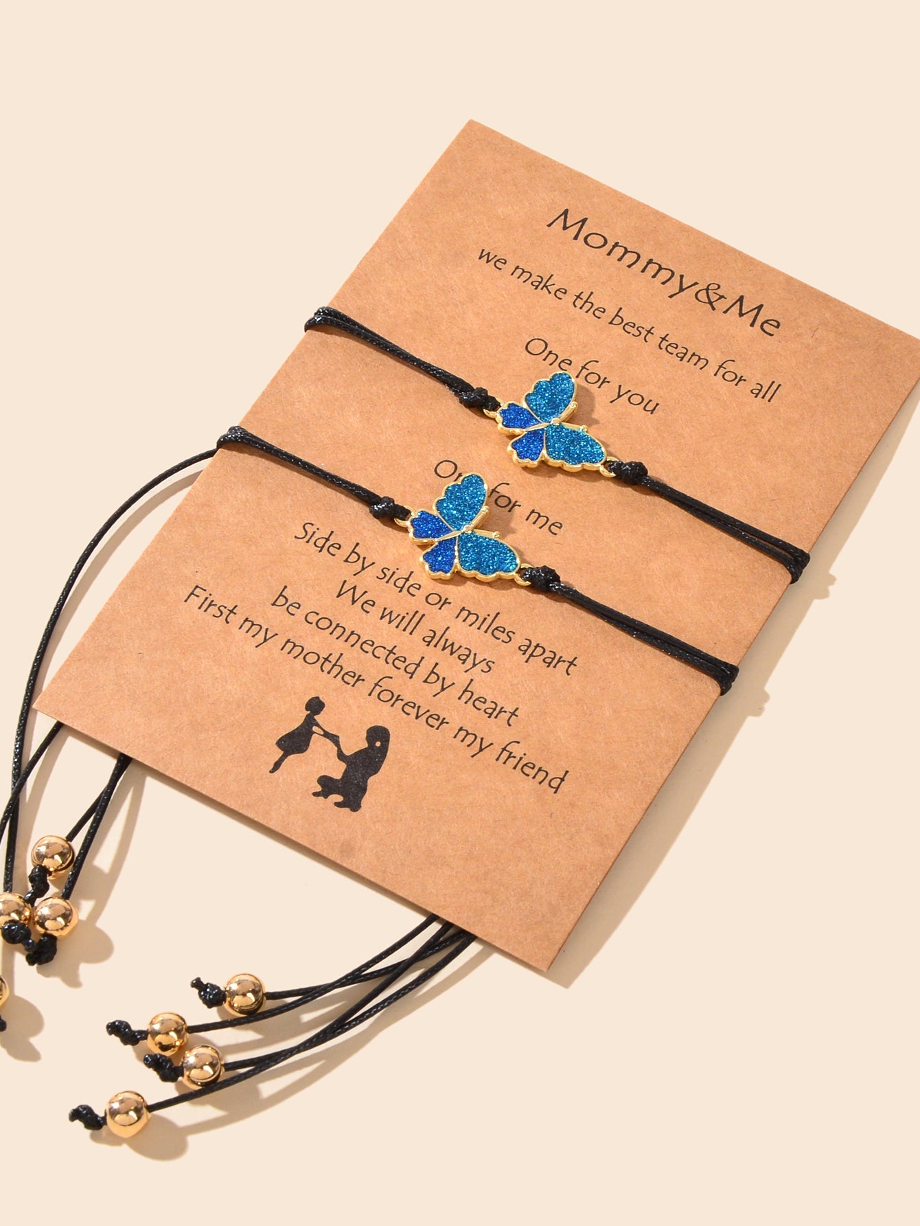 2 pcs Adjustable Black Rope Blue Butterfly Pendant Bracelet Mother's Day Gift-4