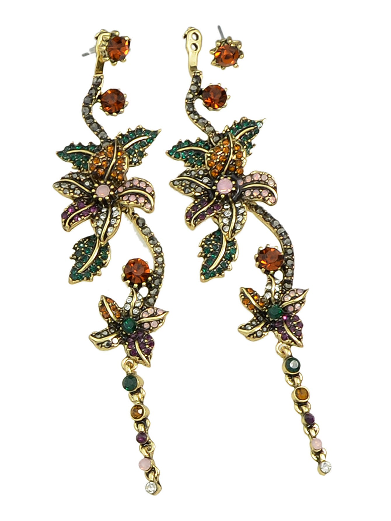 Vintage Luxurious Colourful Rhinestone Antique Gold Flower Long Pendant Earrings-4