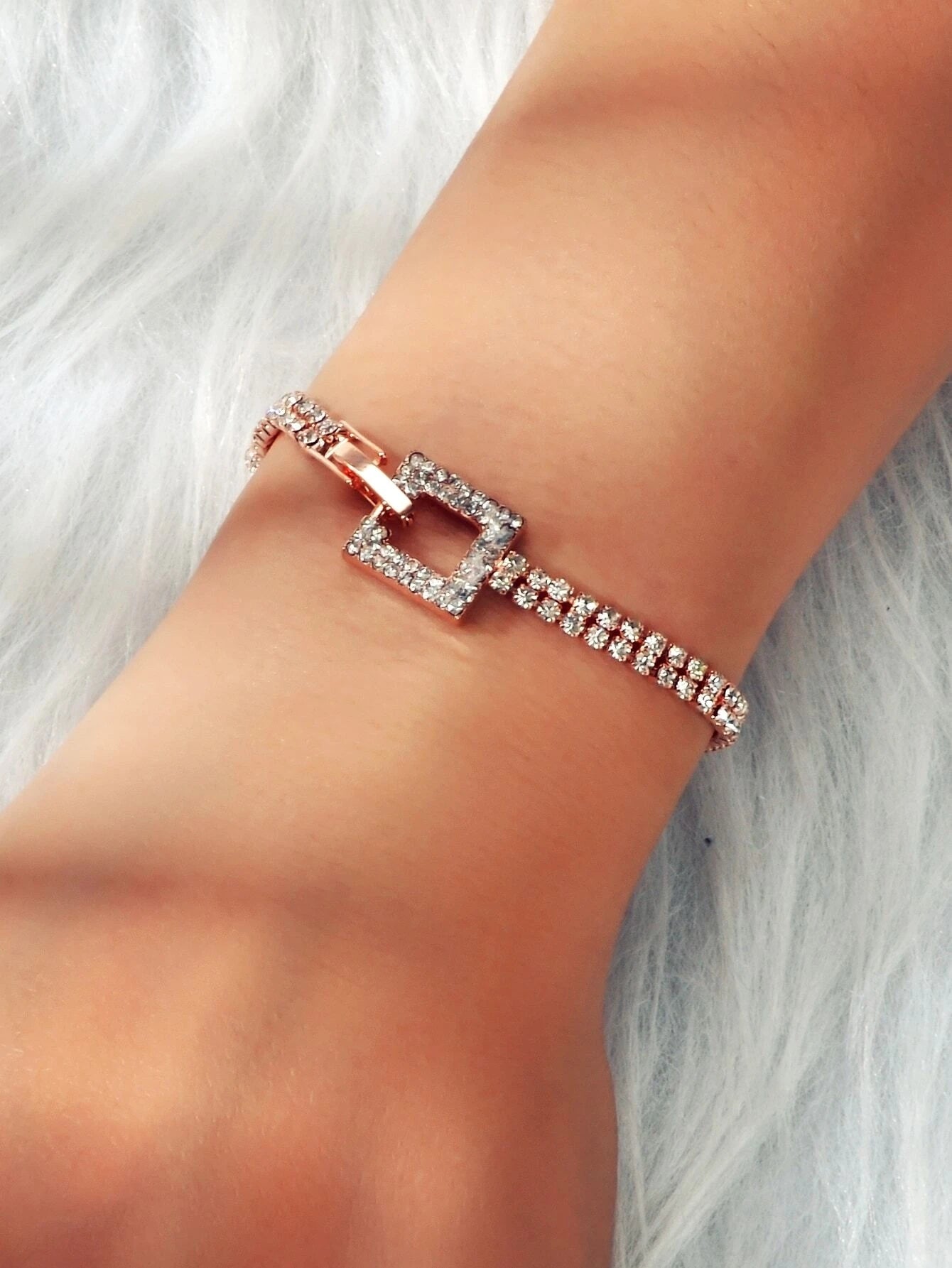 Textured Jewelry Full Rhinestone Rosegold Geometric Chain Women Tennis Bracelet-4