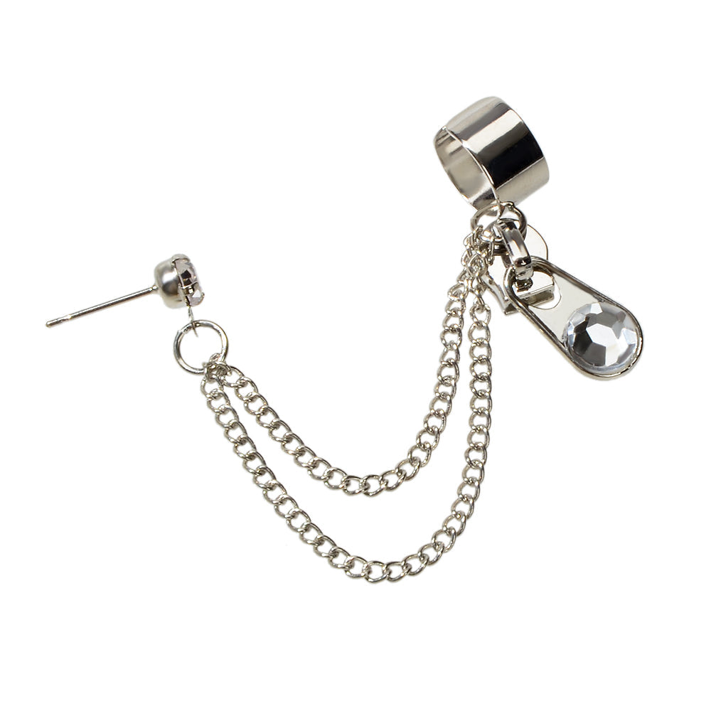 1pc Punk Silver Chain Rhinestone Zipper Shape Stud Cartilage Earrings Ear Cuff-4