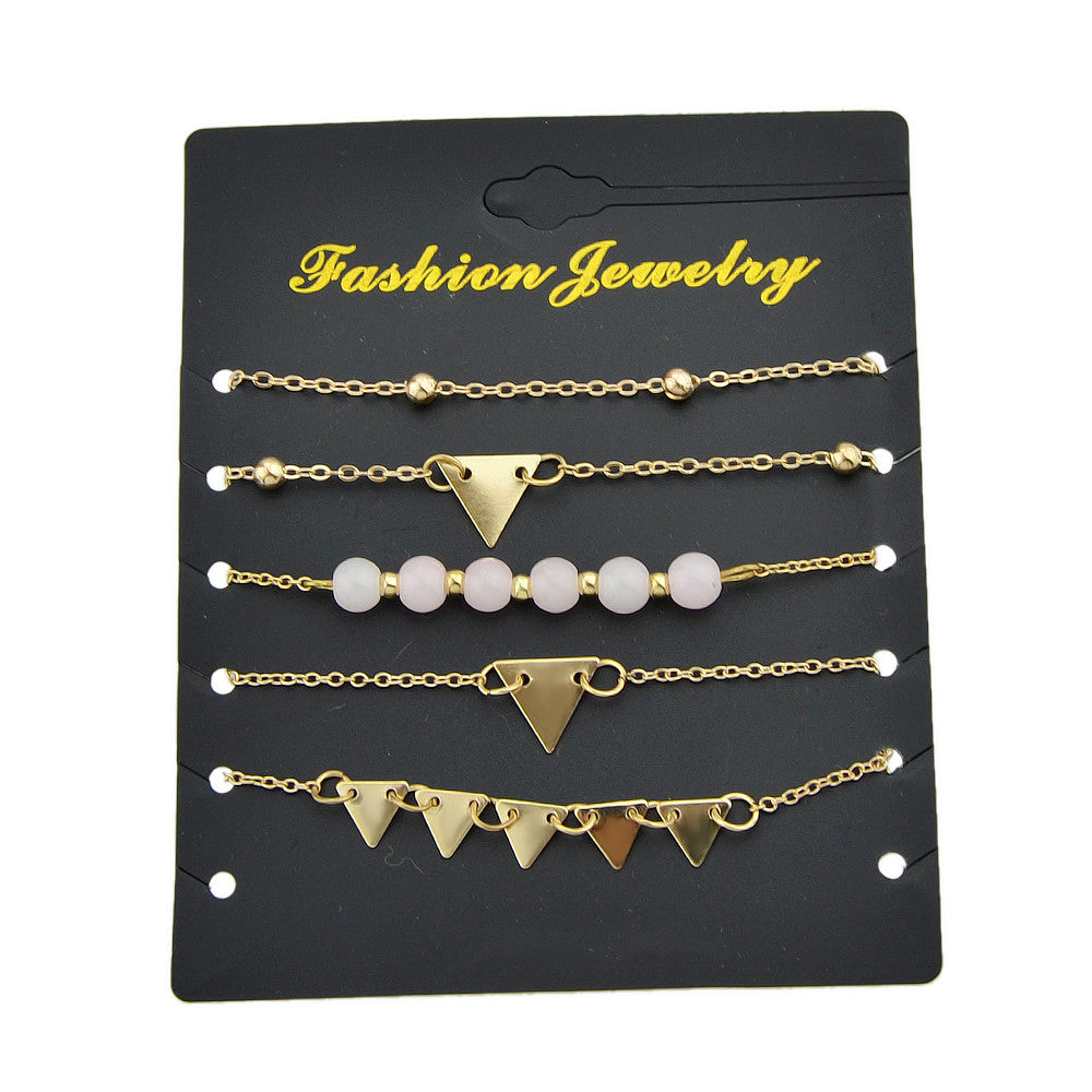 5pcs Gold Color Chain Pink Beads Triangle Decor Bracelet set Boho Chic Jewellery-4