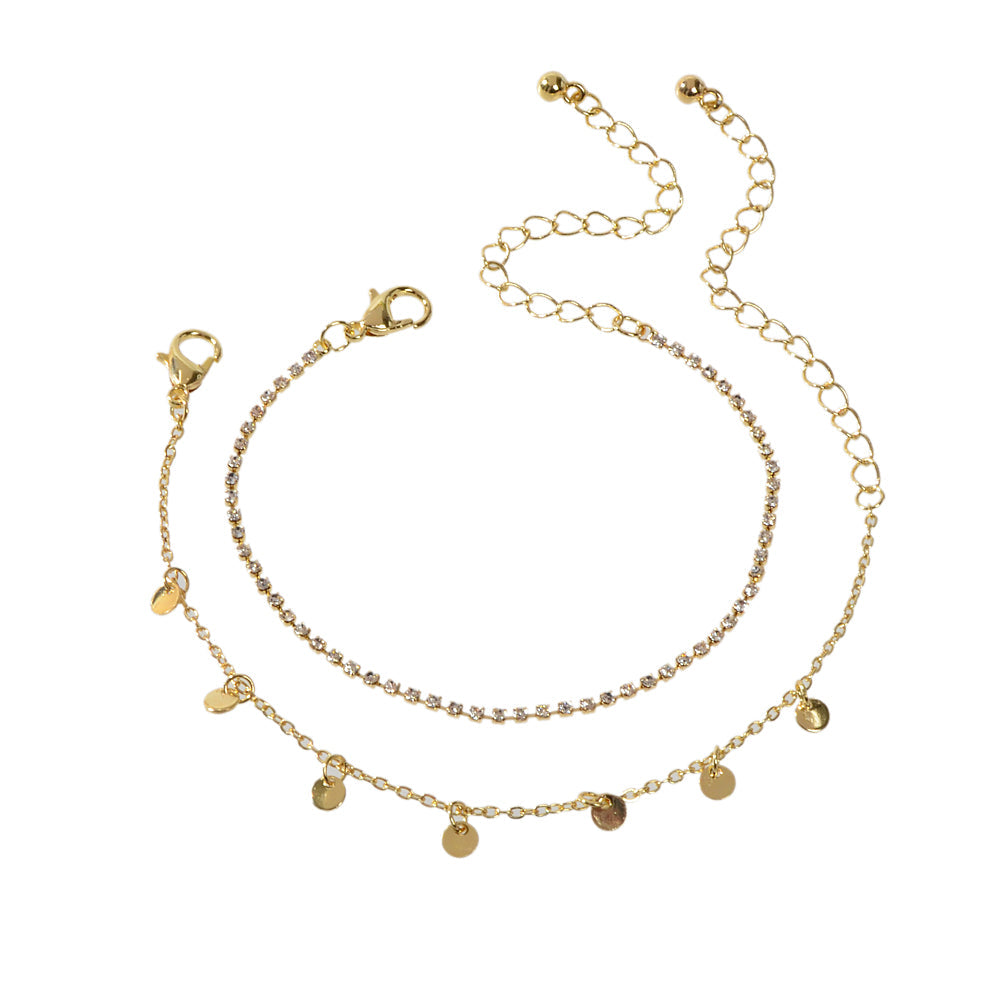 2pcs Women Rhinestone Gold Silver Chain Disc Charm Bracelet Fashion Accessories-3