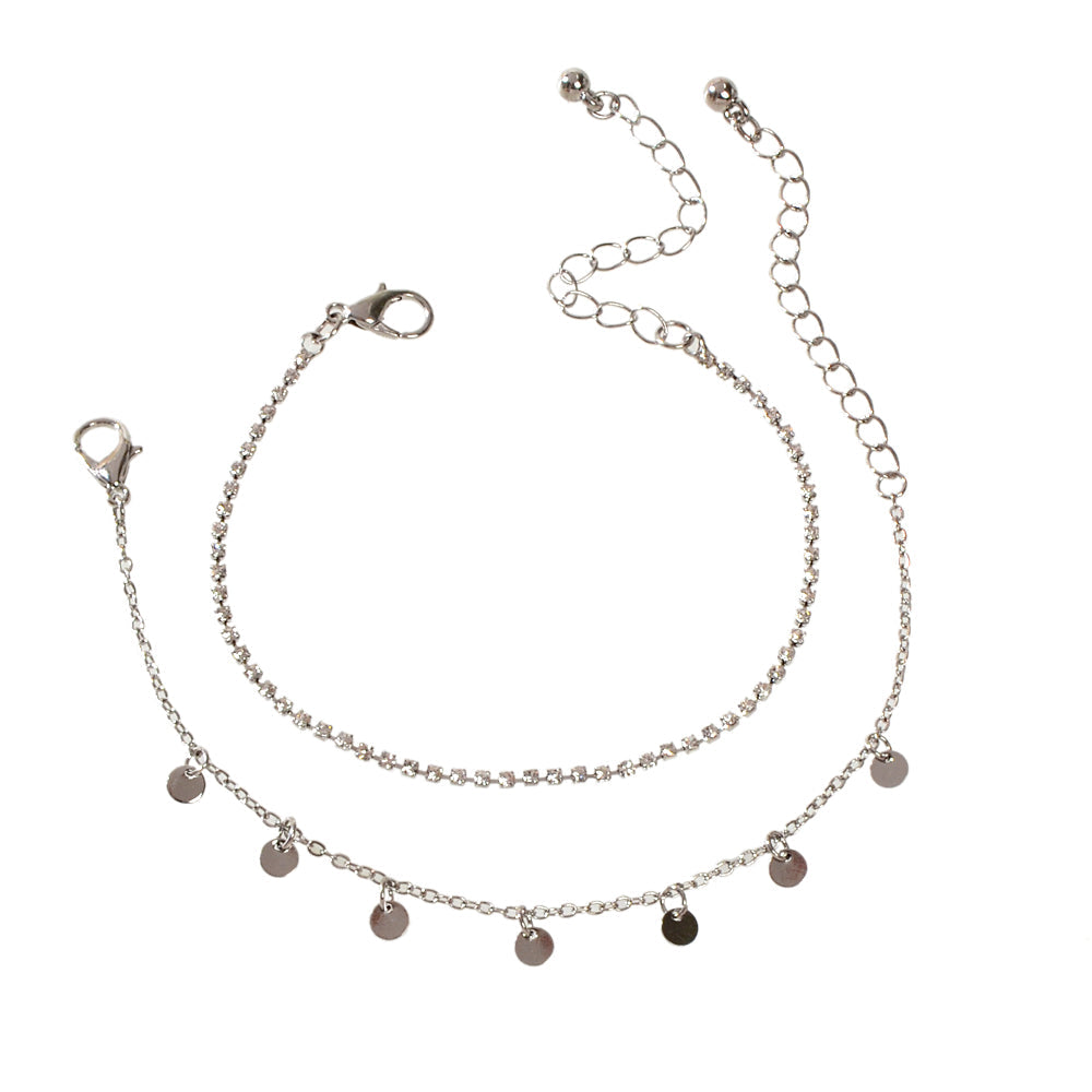2pcs Women Rhinestone Gold Silver Chain Disc Charm Bracelet Fashion Accessories-5