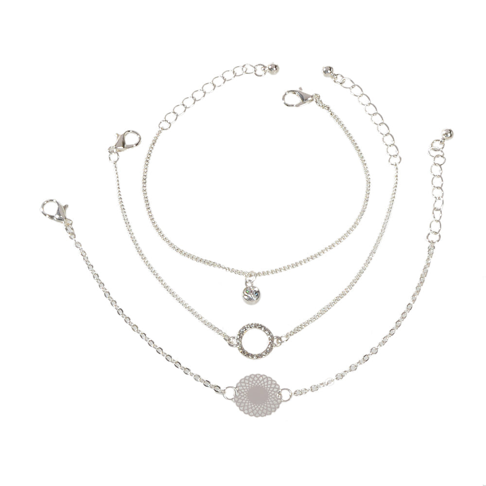 3 pcs/set Fashion Jewellery Silver Chain Rhinestone Circle Charm Bracelet Gift-4