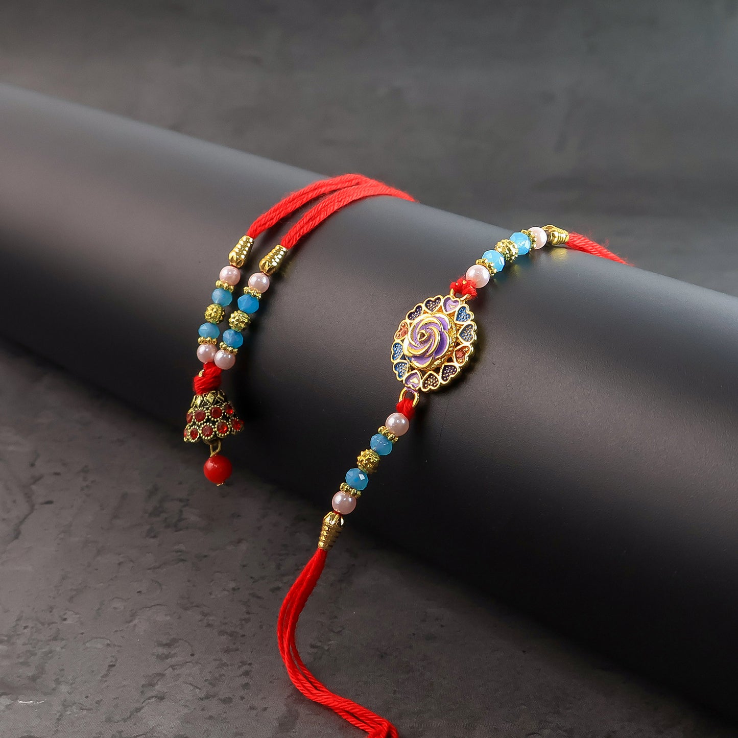 Premium Bhai Bhabhi Rakhi Set With Designer Beads Kundan Work Enamel Floral Dial