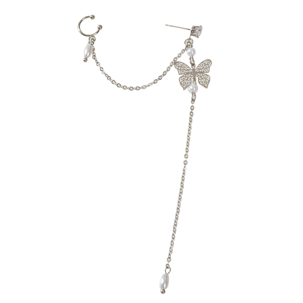 1pc Crystal Pearl Butterfly Long Chain Cartilage Stud Earring Stunning Ear Cuff-5