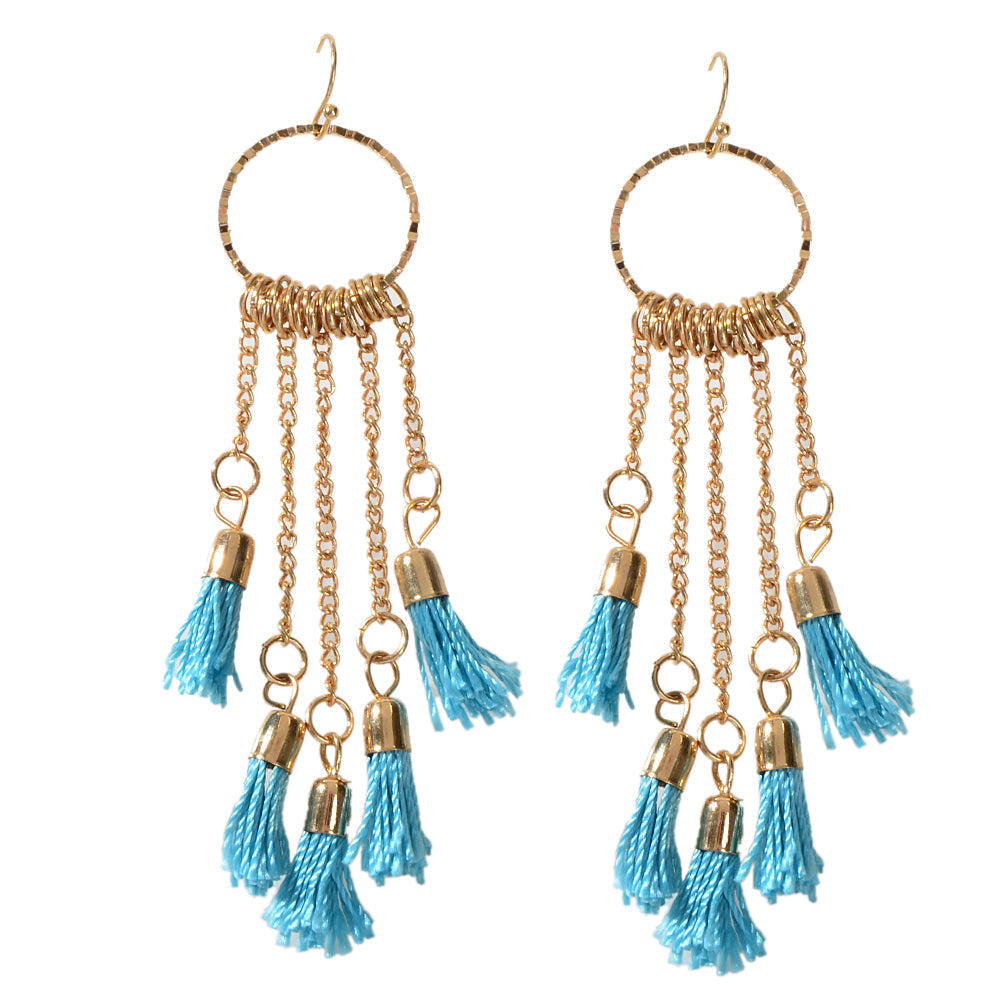American Jewellery Ethnic Blue Tassel Long Gold Chain Dangle Bohemian Earrings-3