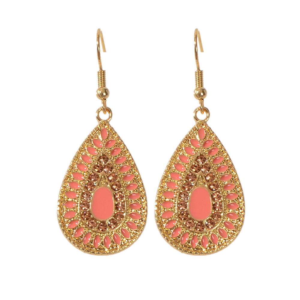 Rhinestone Pink Enamel Water Drop Earrings Teardrop Crystal Dangle Hook Ear Stud-3
