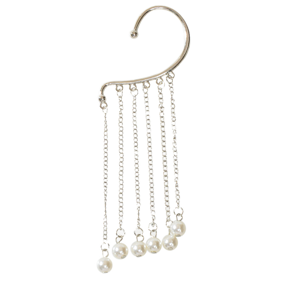 1 pc Fashion Pearl Silver Long Chain Tassel Big Ear Cuff Statement Earrings-3