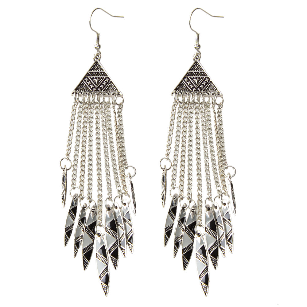 Tribal Ethnic Antique Silver Chain Tassel Geometric Charm Bohemian Earrings Gift-4