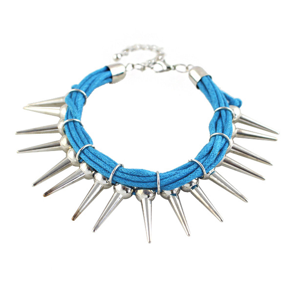 Grunge Punk Rock Jewelry Blue Pu Leather Multi-layer Chain Silver Spike Bracelet-4