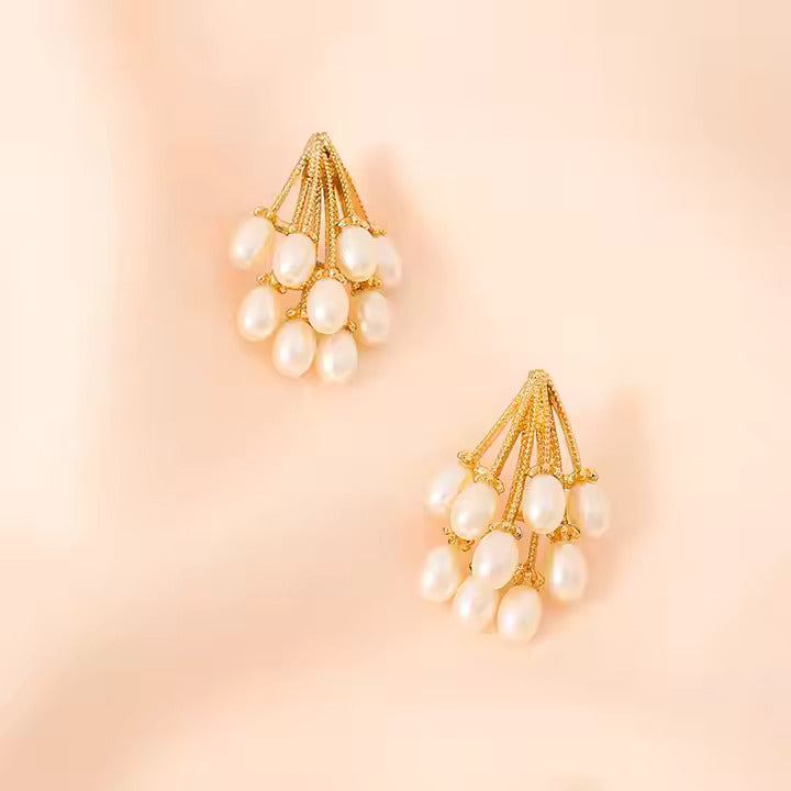 Elegant Gold & Pearl Cluster Earrings-0