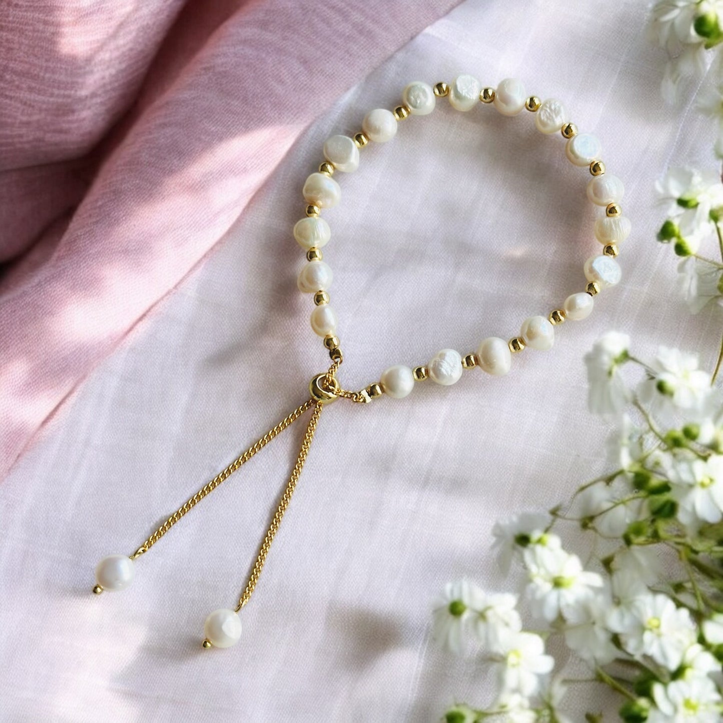 Pearls Moonstone Gold Layering Bracelets Waterproof, 18K Gold Plated-5