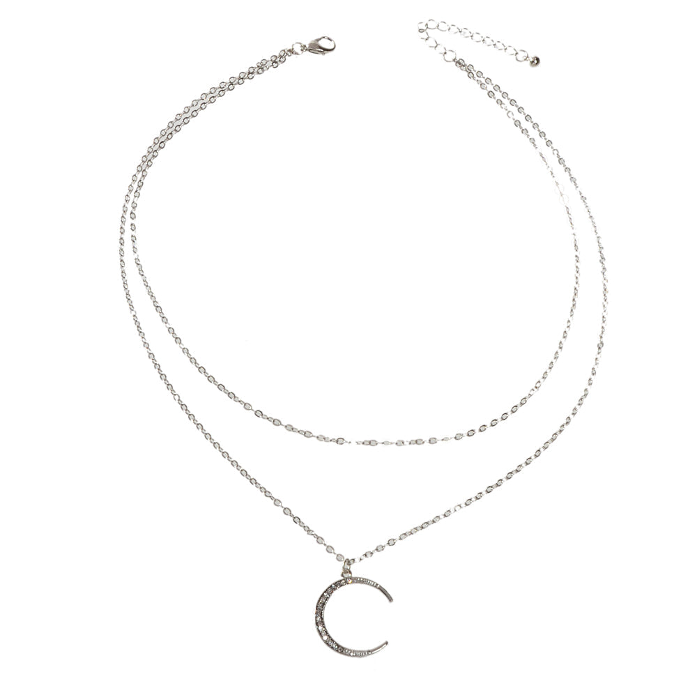 Women Accessories Double layer Chain with Rhinestone Moon Charm Trendy Necklace-4