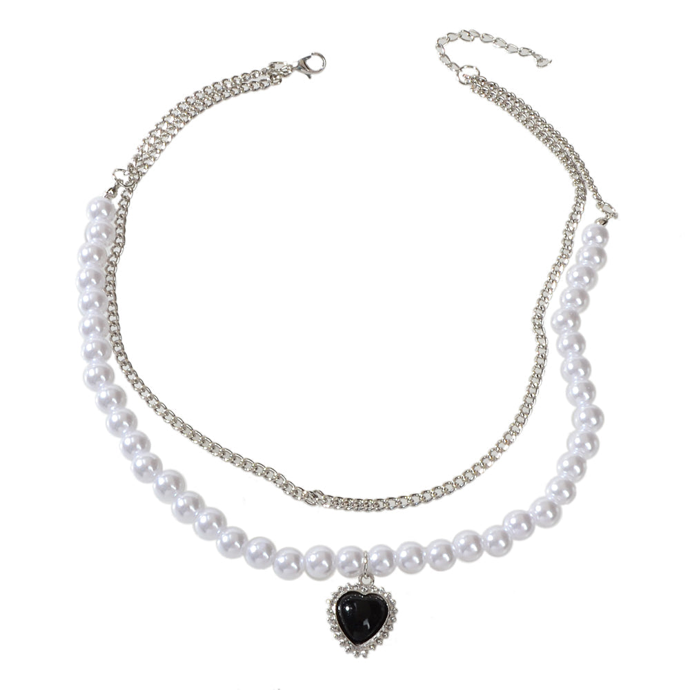Textured Double layer Silver Pearl Chain Black Heart Necklace Retro Jewellery-3