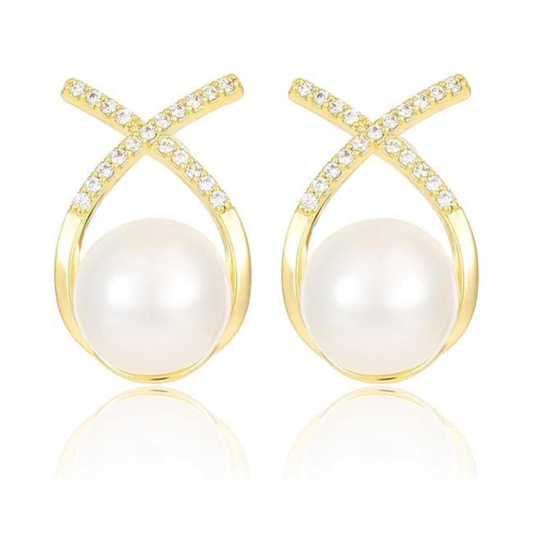 Elegant Gold Plated Pearl Stud Cross Earrings-0