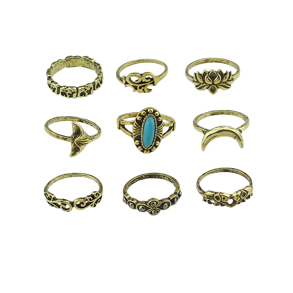 Stackable 9pcs Tribal Ethnic Lotus Elephant Moon Flower Multiple Bulk Rings set-2