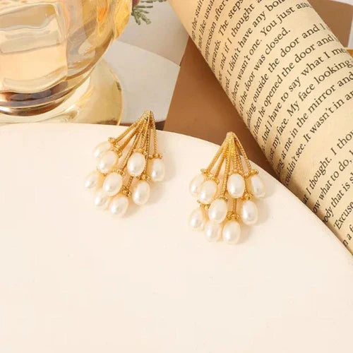 Elegant Gold & Pearl Cluster Earrings-4
