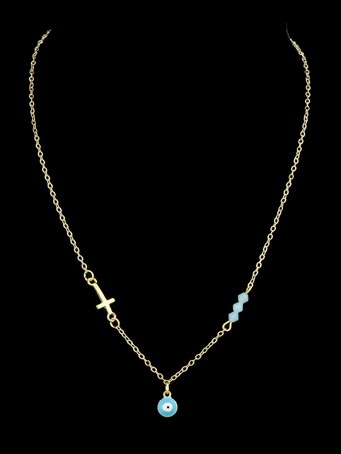 Boho Chic Chain Blue Beads Cross Round Eye Charm Necklace Girls Ethnic Jewellery-2
