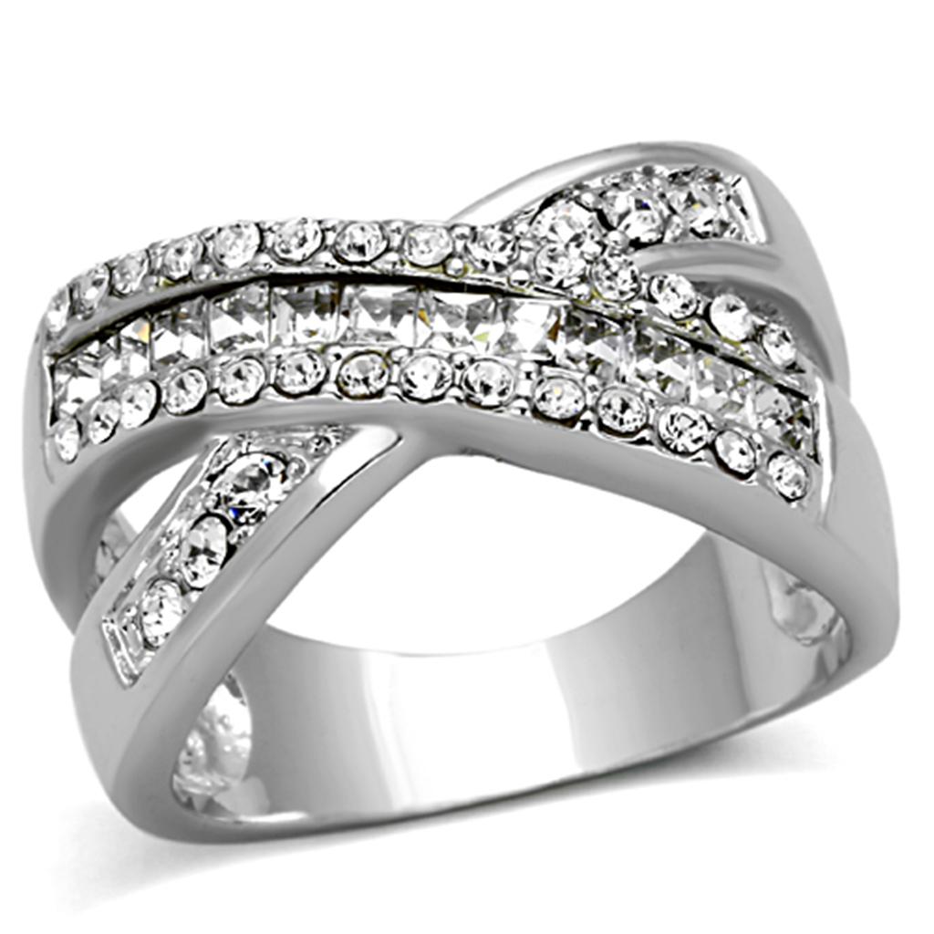 LO2942 - Rhodium Brass Ring with Top Grade Crystal in Clear-0