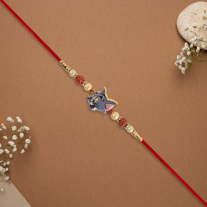 Cute Tom Character Rakhi With Rudraksha  Pearl Beads On Red Thread