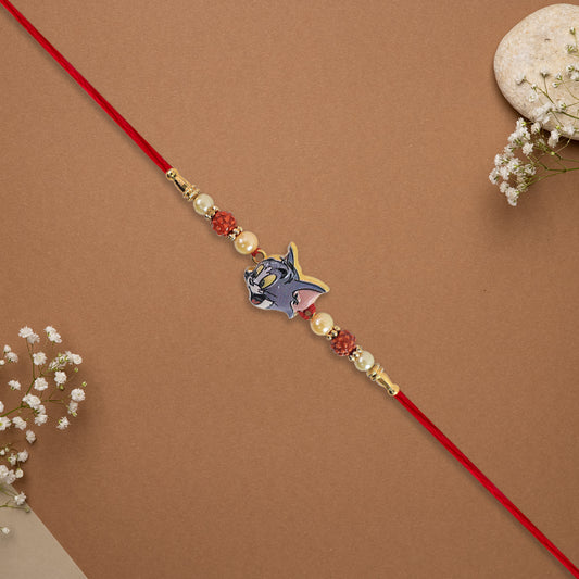 Cute Tom Character Rakhi With Rudraksha  Pearl Beads On Red Thread