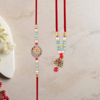 Premium Bhai Bhabhi Rakhi Set With Designer Beads Kundan Work  Enamel Floral Dial