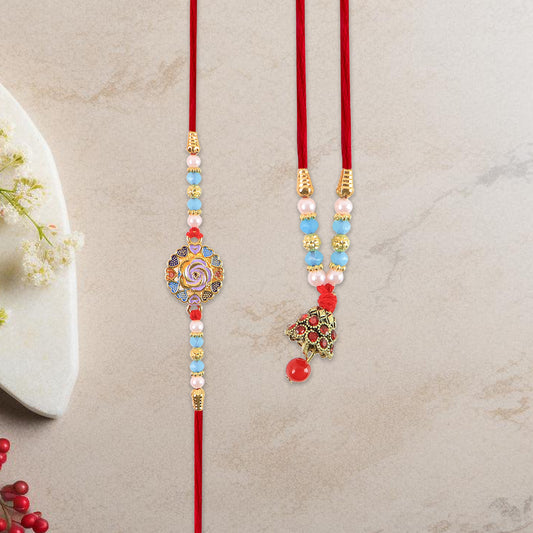 Premium Bhai Bhabhi Rakhi Set With Designer Beads Kundan Work  Enamel Floral Dial