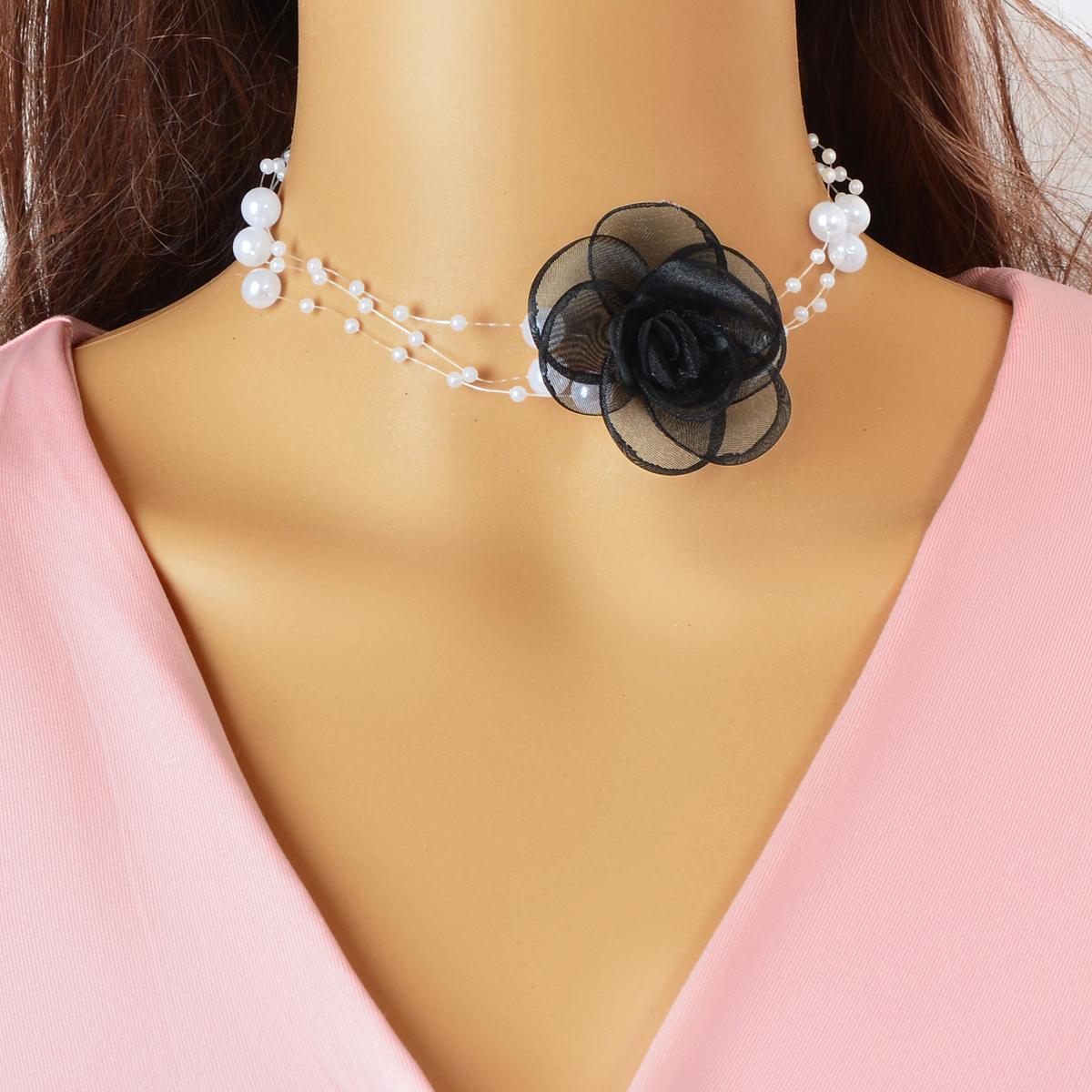 Romantic Jewellery Multi-layer Pearl Chain White Flower Choker Floral Necklace-4